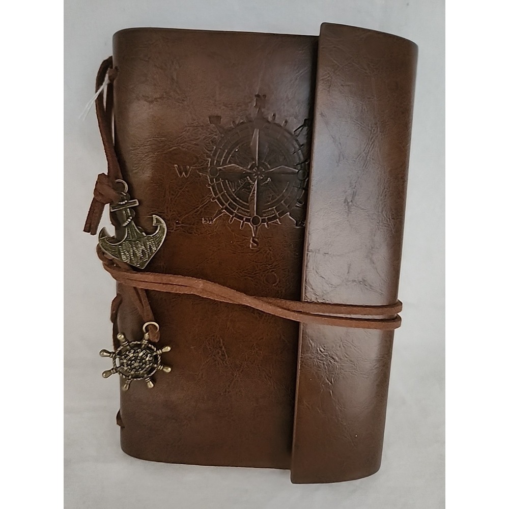 Nautical Compass Leather Journal Refillable Travel Notebook Brown Anchor Charms